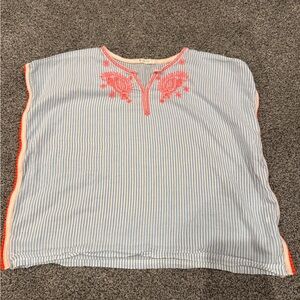 Crewcuts Blue Striped Top with Coral Embroidery